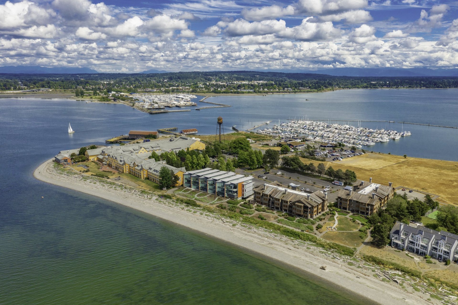 Aerial view of Semiahmoo Spit, the resort and marina, with Blaine across the harbor